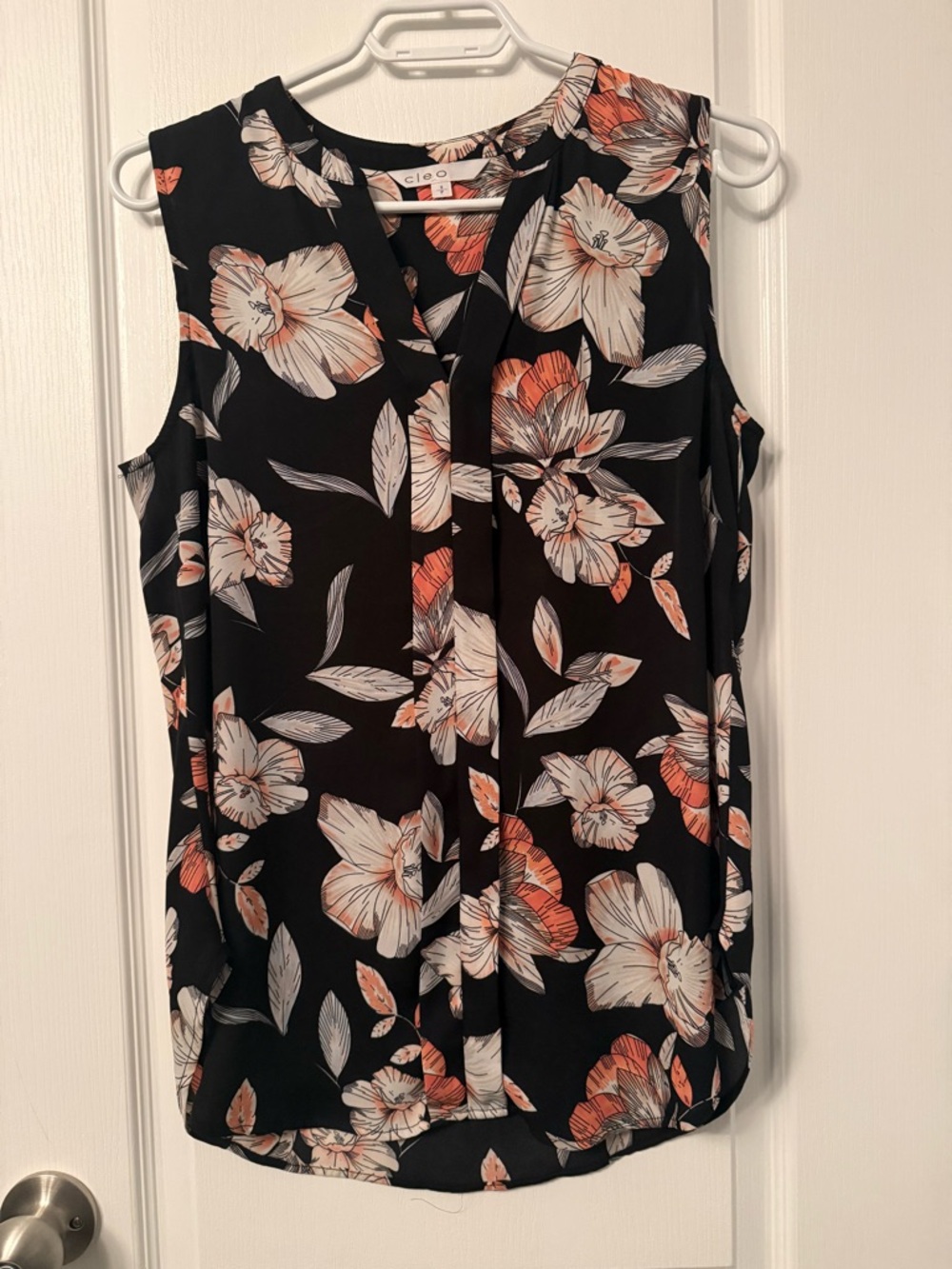cleo Black Floral V-Neck Sleeveless Blouse with Cream & Coral Accents